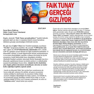 Platform Başkanımız Faik Tunay'ın ODA TV'DE çıkan habere yine ODA TV'DE yayınlanan cevabı